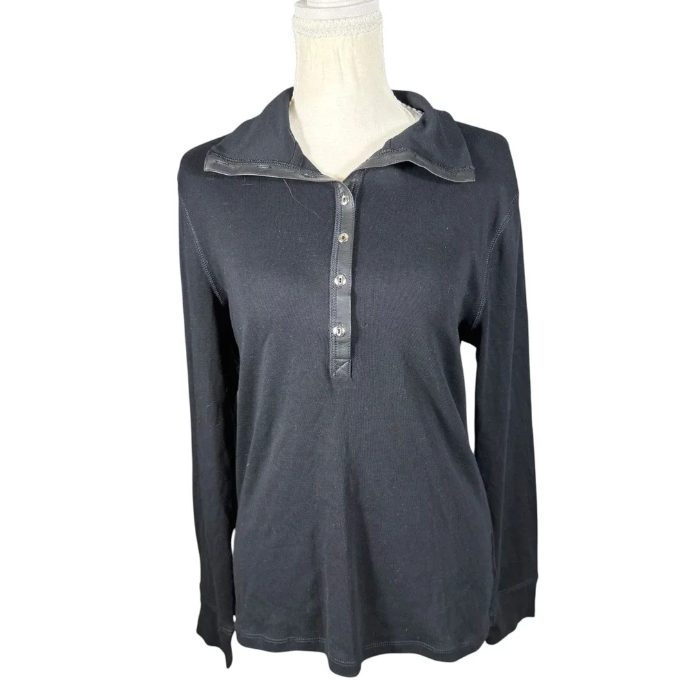 Chaps Polo Shirt Womens Large Black Faux Leather Trim Snap Long Sleeve NEW - Picture 9 of 11